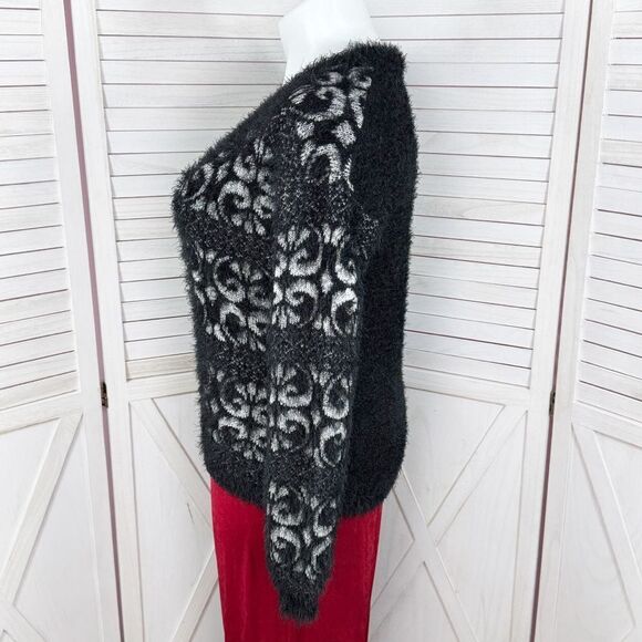 Celsius Premium Scroll Print Fuzzy Eyelash Knit Sweater Black XL - Picture 2 of 13